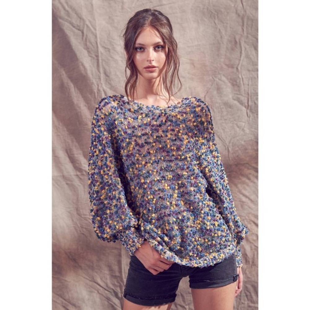 ๐ 3D Pom Pom Knit Sweater Blue Dot
